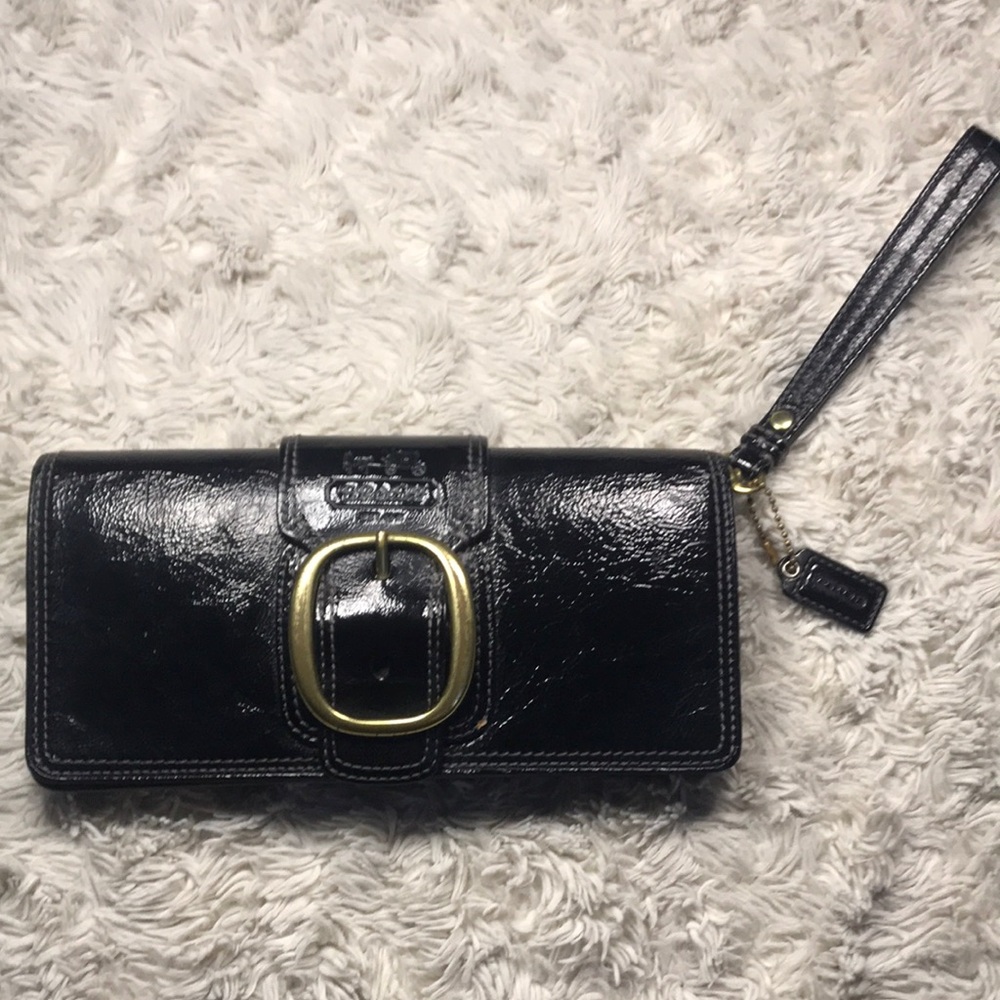 Coach Horse & Carriage Black Patent Leather Large Vintage Clutch Wristlet Wallet